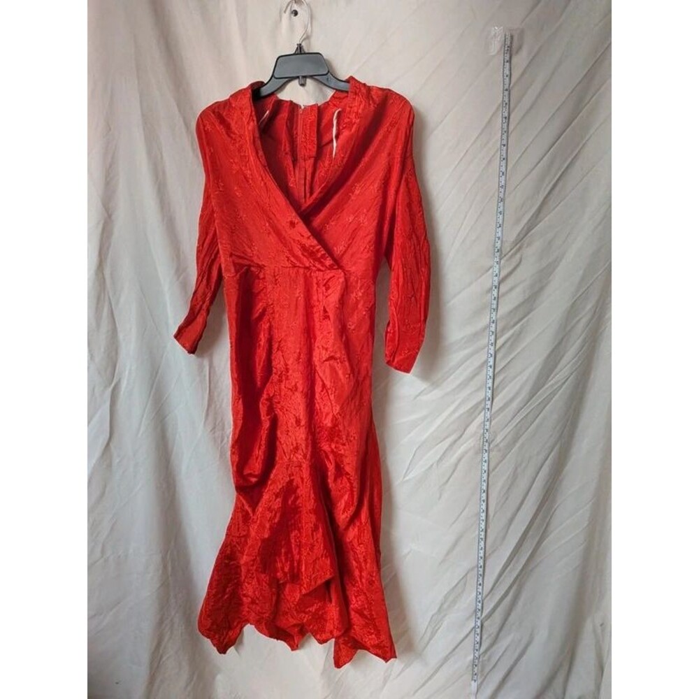 True Vintage 80s Red Silky Puff Sleeve Ruched Midi Dress - No Size-Best Fit XXS
